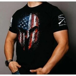 Grunt‎ Style GS black t-shirt Medium Spartan helmet American Flag  Sleeve Hits